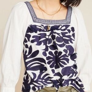 Anthropologie Maeve Size 2 Liyah Embroidered Peasant Blouse Top Navy & Wht $128